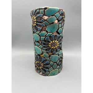 Handbuilt whimsical Slab Vase Mosaic‎ design irregular shape signed pottery